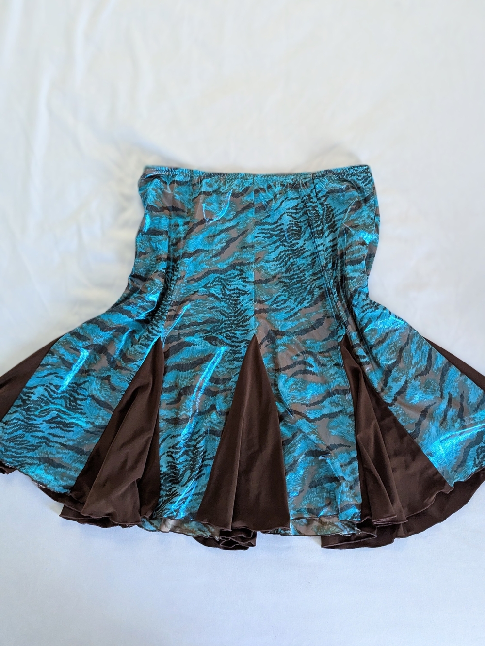 Blue Tiger-Print Flared Skirt with Brown Insets